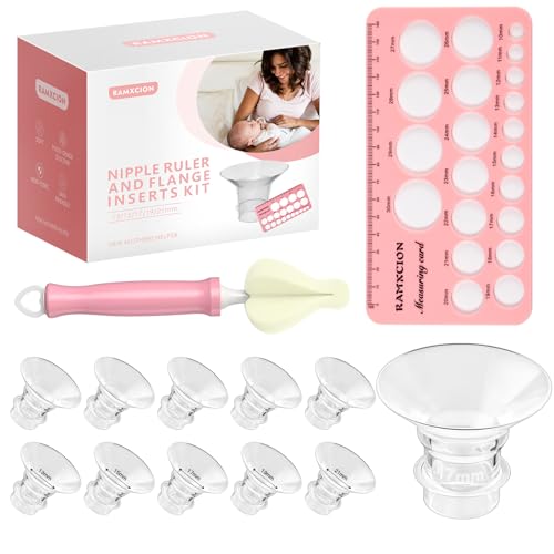RAMXCION Nipple Rulers with 10PCS Flange Inserts 13/15/17/19/21mm Compatible with 24mm Flanges/Shield of Most Breast Pumps Silicone Flange Sizing Breast Pumps Accessories for New Moms (Transparent)