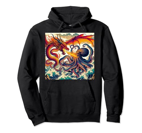 Tidal Fury: Dragon vs. Octopus Ukiyo-e Art Pullover Hoodie