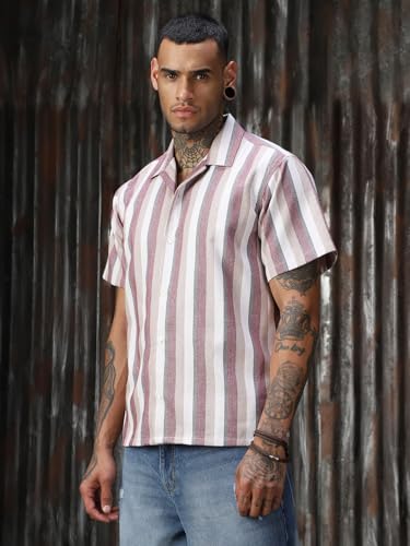 Image of High Star Men Strip Cotton Relaxed Fit Collar Short Sleeve Shirts 36