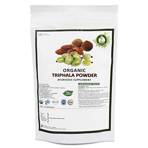 R V Essential Organic Triphala Powder 200gm/ 7.05oz/ 0.44lb- Made from Haritaki, Vibhitaki and Amla 1:1:1 Triphala Churna Powder USDA Organic Certified For Skin Hair Body in Zip Lock Pouch