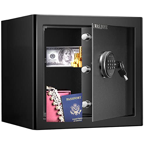WASJOYE Security Safe Cash Box with Double Digital Keypad Safety Key Lock for Home Business Office Hotel Money Document Jewelry Passport Cabinet (0.98 Cubic Feet) Cover