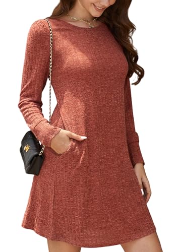 Enmain Vestido Caramelo Mujer Punto Manga Larga Cuello Redondo Otoño Primavera Ropa Fiesta Elegantes Jerseys Mujer con Bolsillos S