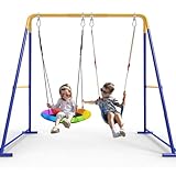 2-in-1 Swing Set for Backyard for Kids, with 1 Platform Swing, 1 Belt Swing, 440lbs Metal Swing Set for Toddler, Heavy-Duty Swing Stand w/8 Ground Stakes, Outdoor Swingset for Kids Adults (Blue)