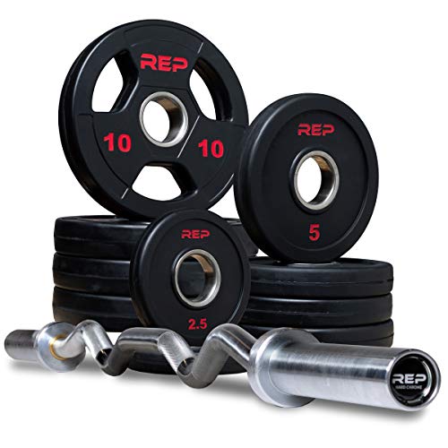 Rep Fitness 65lb Rubber Coated Olympic Plate Set and Hard Chrome EZ Curl Barbell