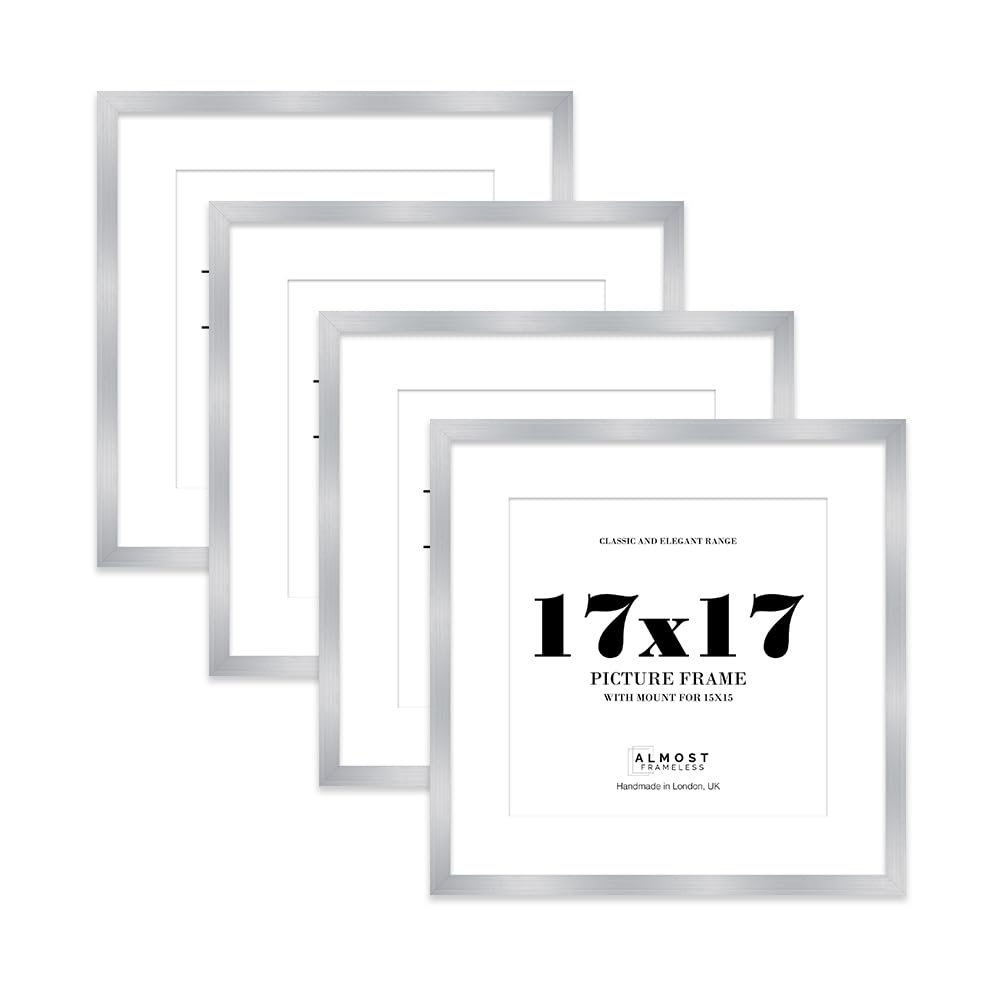 17x17 Silver Picture Frame with Mount for 15x15 Photos, Prints - Modern Square Wall Frame, Set of 4
