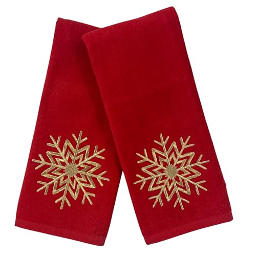 Serafina Home Christmas Hand Towel for Bathroom – Set of 2 Red 100% Cotton - 25 x 16 Embroidered Gold Snowflake Design – Bath & Kitchen Decor