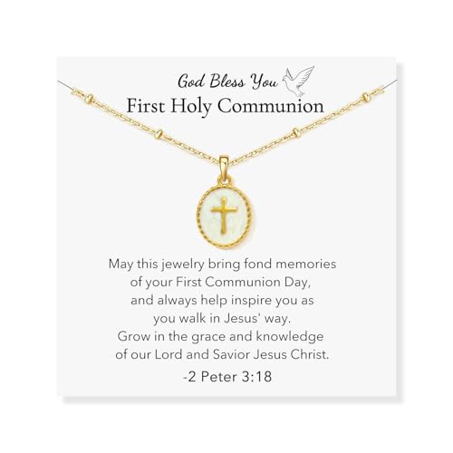 enasal First Communion Christian Gifts for Goddaughter, Cross Necklace Baptism Birthday Christian Necklace Gifts for Daughter Niece Birthday Religious Blessing Jewelry (White B)