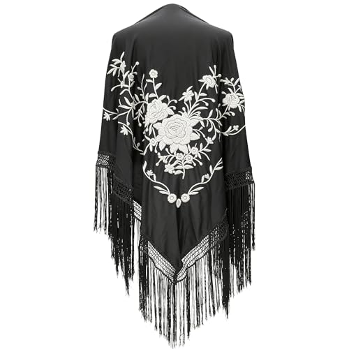 Wildarms Mantón de Sevillana Bordado con Flecos para Flamenco Feria Disfraz Baile Tradicional Mujer (FLOR BLANCA SOBRE FONDO NEGRO, XL)