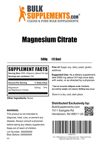 Bulksupplements.com Magnesium Citrate Powder With Ascorbic Acid (Vitamin C), 500G - Unflavored & Gluten Free Bundle #TOP1