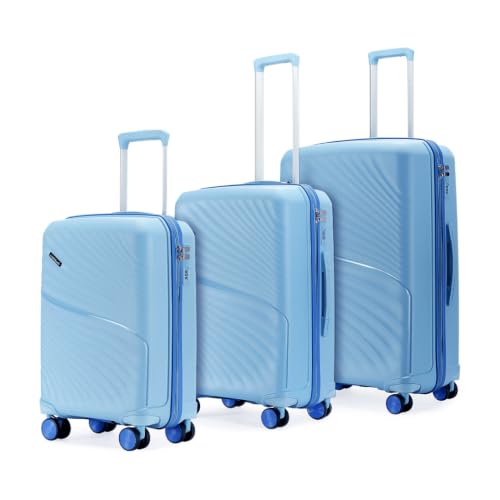 Image of Meridian Set of 3 Trolley Bags Cabin + Medium + Large Polypropylene Hard Suitcase, 8 Spinner Wheels, 2-Pocket Convipack, Recessed Number Lock Twilight Sea Blue /Galaxy Blue