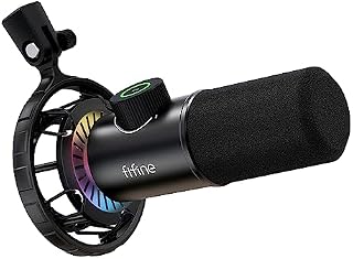 FIFINE USB Mikrofon do gier, Dynamiczny mikrofon RGB do PC, przycisk ciszy i 3,5 mm gniazdo słuchawkowe, Plug and Play Mikrofon kardioidalny do ciągłego przesyłania, podcastingu, Youtube