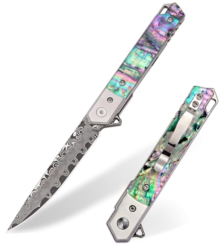 VALKNUT Damascus Folding Pocket Knife with Clip, Abalone Handle Damascus