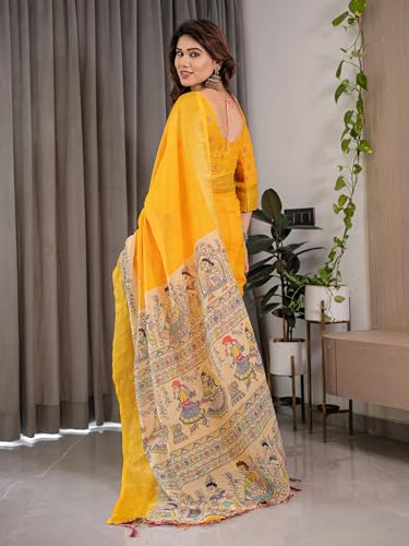 Image of ALMAARI FASHION Handloom Cotton Saree, Yellow with Traditional Floral Print and Lotus Motifs, 5.5 Metre with Blouse Piece