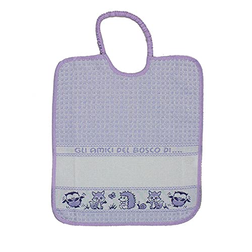 Babero para guardería con bordado de los amigos del bosque de rizo - para guardería y escuela infantil con banda de etamina para bordar el nombre. Algodón 100% fabricado en Italia (LILLA) Cover