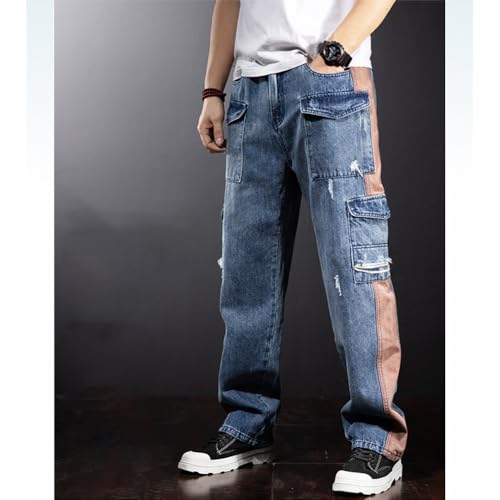 Mens Ripped Cargo Jeans Straight Leg Patchwork Denim Pants Streetwear3