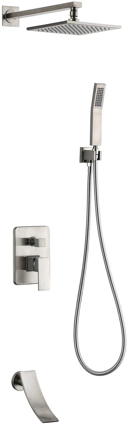 SBCGFY 3-Function Brushed Shower Set - 8-Inch Rainfall Showerhead, Waterfall Tub Spout & Handheld Shower Faucet Mixer For Luxurious Bathroom Experience,Brushed -8 Inch