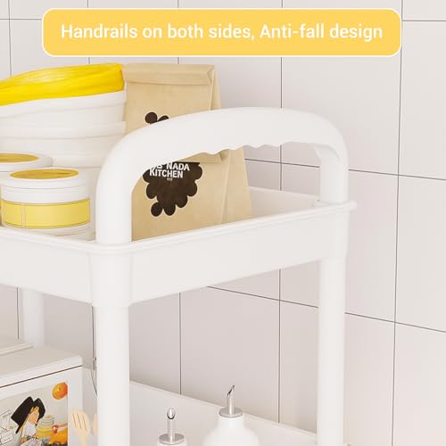 Image of Lukzer 3-Tier Multipurpose Plastic Storage Rack with Wheels & Side Hooks | Rolling Utility Organizer Shelf for Kitchen, Bathroom, Office & Home Use - 34.5 x 25.5 x 76 cm (White) CH-094