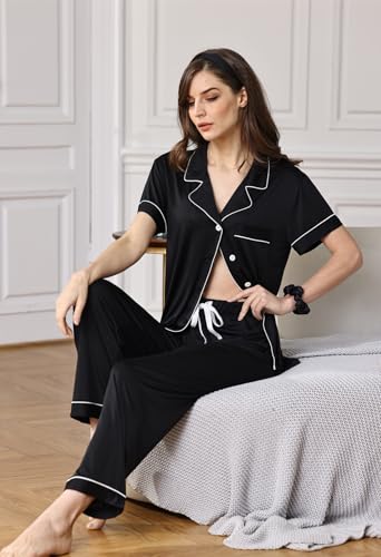 Image of WJing Yi Jia Womens Soft Pajamas Set XS-XXL Button Down Sleepwear Short Sleeves Pajama sets with Long Pants Pj Set Nightwear