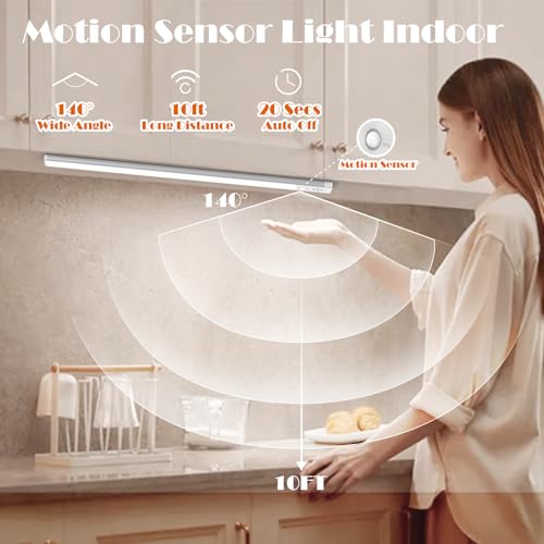 Image of Under Cabinet Lights 2 Pack,128 LED Rechargeable Battery Operated Motion Sensor Light Indoor, Magnetic Dimmable Closet Lights, Wireless Under Counter Lights for Kitchen, Stairs (Silver)