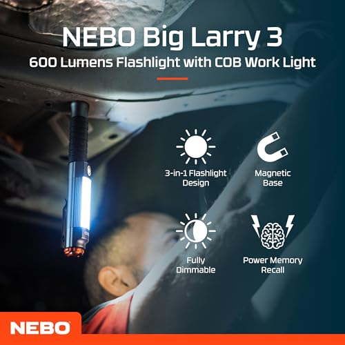 NEBO Big Larry 3 Work Light, 600 Lumen Flashlight with COB Work Light, Pocket Clip Magnetic Base for Hands-Free Lighting, Portable COB LED Dimmable Flashlight, Hazard Light-Red - Image 2