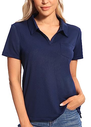 Hiverlay Women's Golf Polo Shirts V Neck Short Sleeve Collared Shirt for Work Casual with Pocket Tennis Tops Quick Dry Navy Blue XL