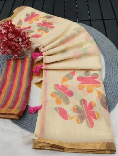 Image of Women's Linen Cotton Blend Saree Multicolor Ikat Brush Print Scalloped Border with Floral Print Unstitched Blouse Piece