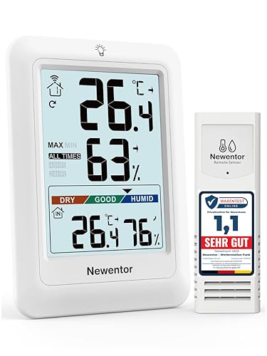 Newentor MAX MIN Thermometer innen außen 24/48 Std./alle Zeiten - Hygrometer Luftfeuchtigkeitsmesser mit Luftkomfort - Wetterstation Funk mit Außensensor - Raumthermometer innen mit Beleuchtung, Weiß Newentor MAX MIN Thermometer innen außen 24/48 Std./alle Zeiten - Hygrometer Luftfeuchtigkeitsmesser mit Luftkomfort - Wetterstation Funk mit Außensensor - Raumthermometer innen mit Beleuchtung, Weiß