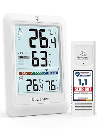 Newentor MAX MIN Thermometer innen außen 24/48 Std./alle Zeiten - Hygrometer Luftfeuchtigkeitsmesser mit Luftkomfort - Wetterstation Funk mit Außensensor - Raumthermometer mit Beleuchtung, Schwarz