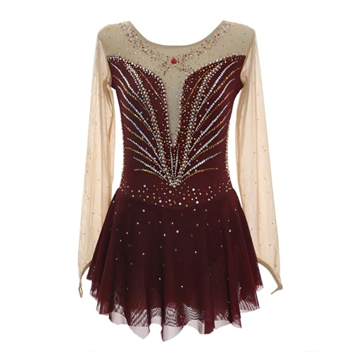 Girl's Sparkly Figure Skating Dress, Women's High Elasticity Ice Skating Dress for Competition, Team Uniform(Large) Claret