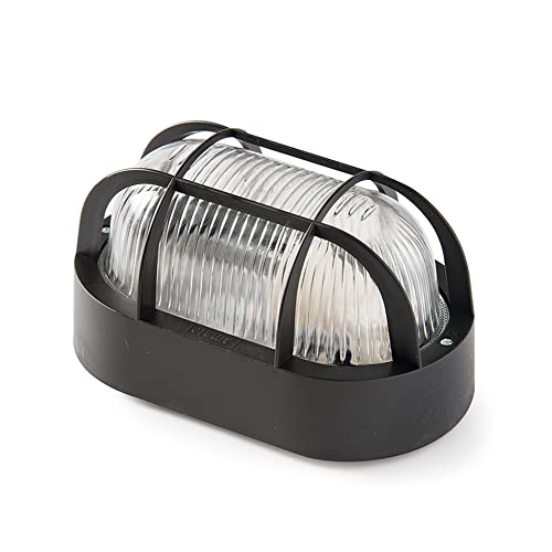 FAMATEL – Aplique Ovalado | IP44 | E-27 | 60W | Difusor termoplástico | Horizontal | Bombillas E27 | Producto certificado con CE | Negro