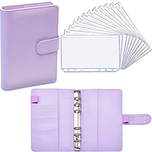 PU Leather Notebook Binder Budget Planner Binder Cover with 12 Pieces Binder Pocket Personal Cash Budget Envelopes System 6 Hole Binder Zipper Folder (Purple Cover with Clear Sheet,A6)