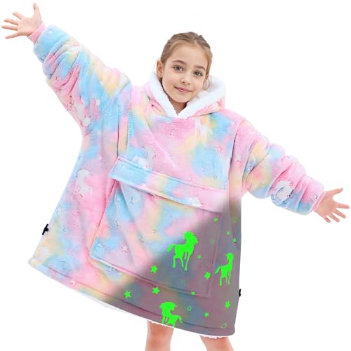 yescool Wearable Blanket Hoodie Kids Glow in the Dark, Oversized Blanket Sweatshirt with Sherpa Teen Girl Gifts for Girls,Boys, 8-15 Year Old Girl Boy Gift Warm Wearable Blankets, One Size, Unicorn