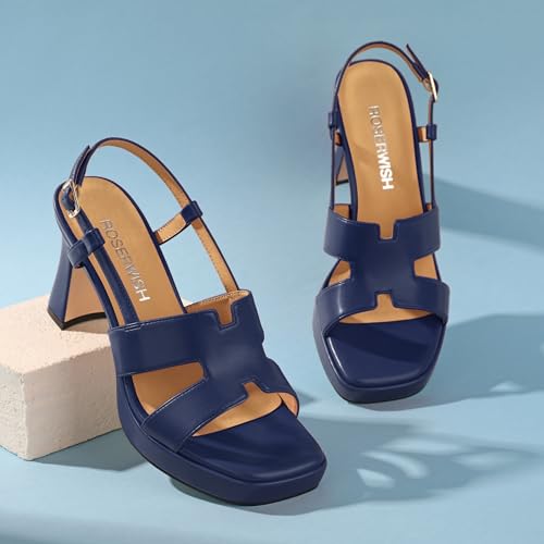 Image of ROSERWISH Womens Platform Heeled Sandals, Open Square Toe Chunky Heels, Strappy Sandals for Women, Leather Insole Dress Shoes for Prom Weeding Bride Party 3.5 inch
