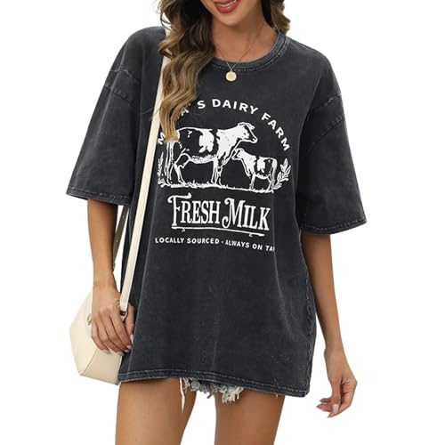 Wrenpies Womens Zipper Nursing Friendly Tops Cotton Breastfeeding Maternity Shirts Oversized Graphic Acid Wash Funny Tees (Black,XL)