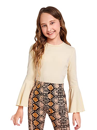 Image of WDIRARA Girl's 2 Piece Flounce Sleeve Top and Leopard Print Bell Leg Bottom Pants Set Multicolored 11-12Y