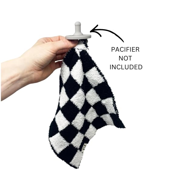 Image of L+L USA Checkered Baby Lovey Pacifier /Teether Holder 10 inchx10 inch - DreamSoft Plush Fluffy Cuddly Soothie Reversible Mini Comfort Blanket - Cute Newborn Gift Essential Babies Boys Girls (Black /White)