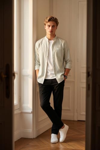 Image of Peter England Men's Casual Mandarin Collar Slim fit Full Sleeve Shirt in 100% Cotton Seersucker with Striped Design