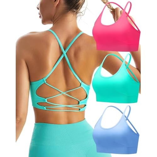 RUNNING GIRL Sports Bras for Women,Sexy Crisscross Back Seamless Padded Sports Bra Medium Support with Removable Pads Medium A-blue+pink+green
