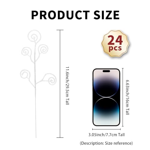 24 Pieces Glitter Christmas Picks Ornaments 10 Inches Decorative Sticks Candy Picks Curly Sprays Twigs for Christmas Tree Branches Vase Fillers Crafts Wreath Garland Party Wedding Holiday (24, White)