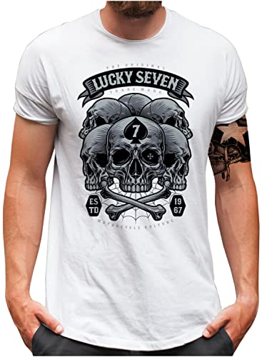 T-shirt Moto Grand Format Imprimé Crâne Chopper Blanc Lucky 7