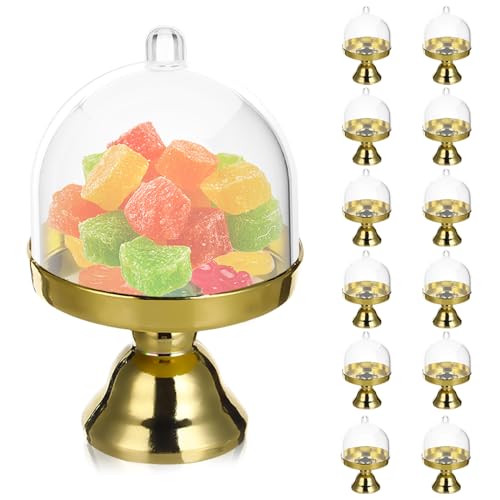 Plastic Mini Cake Plate Stand with Dome Cover, Gold, 12 Pieces