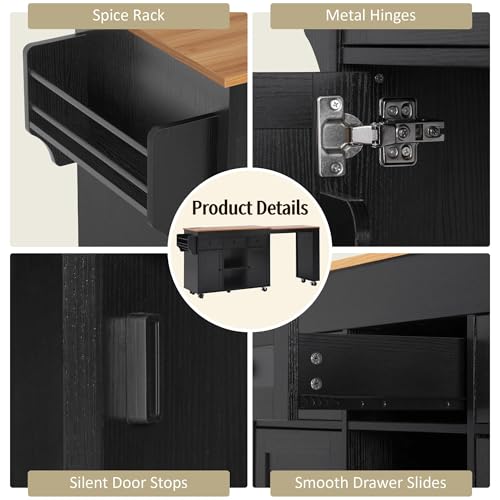 Trygoal 85.5\" Kitchen Island with Extendable Dining Table, Rolling Kitchen Island with 3 Side Open Shelves, Power Outlet, Kitchen Storage Table with 3 Drawers, 2 Doors, for Kitchen, Dining Room, Black - Thumbnail 7