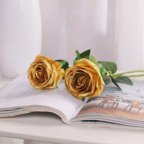 Veryhome 10 Pcs Artificial Gold Flowers Silk Roses Real Touch Bridal Wedding Bouquet For Home Garden Party Floral Decor (Blooming Rose - Gold) #TOP1