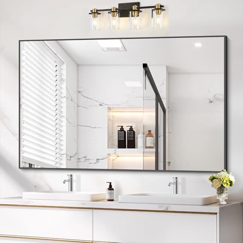Image of COFENY Black Bathroom Mirror, 48 inchX36 inch Rectangle Mirrors for Wall Metal Frame, Modern Vanity Wall Mirror for Bathroom Living Room, Entryway Hangs Horizontal or Vertical