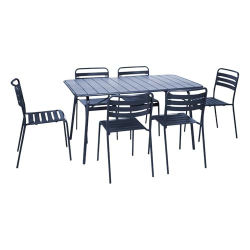 Sweeek - Mesa de jardín plegable de metal con 6 sillas. Amelia. Azul Marino. 141,2 x 80 x 72,5 cm