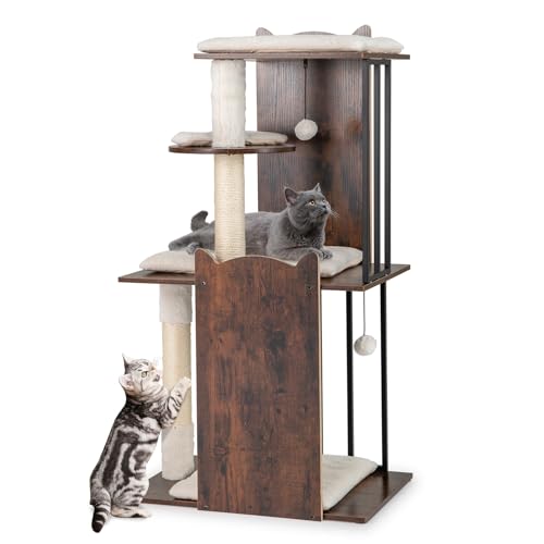 COSTWAY Albero per Gatti Alto 112 cm, Tiragraffi per Gatti in Legno con Posti a Grattare in Sisal, Palline Appese, Cuscini Morbidi Rimovibili e Lavabili, Tiragraffi Gatto per Arrampicata