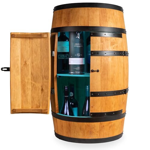 Creative Cooper Botellero de Madera con Puerta con LED RGB– Armario con Alcohol, Madera – Barril de Madera – Muebles de Barril – Soporte para Vino – Barril de Vino – Barril con Puerta – 80cm (Roble)