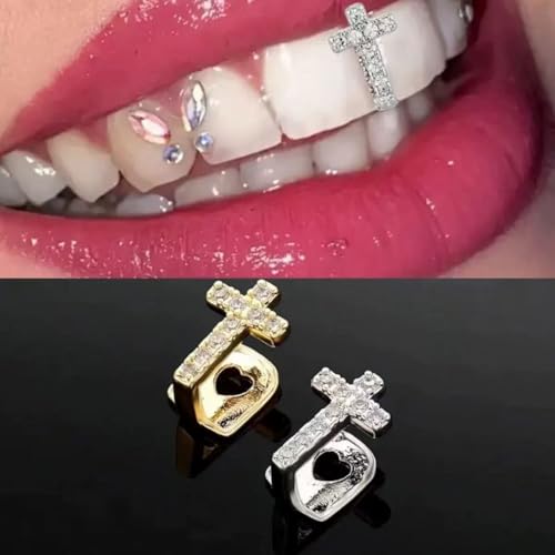 4PC Grillz for Women Gold Plated Silver Grills for Your Teeth Punk Rhinestones Cross Grillz Hollow Out Heart Star tooth cap Hip-Hop Jewelry Gift for Women Men4