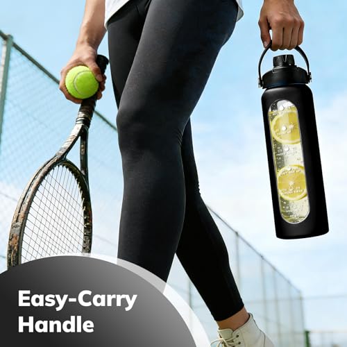 Image of Aqulea 32 oz Glass Water Bottle with 2 Lids - Spout & Straw Lids, 1L Motivational Borosilicate Glass Water Bottle with Time Marker & Silicone Sleeve, Leakproof (Black)
