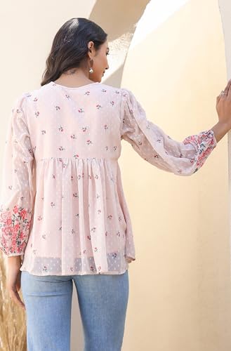 Image of Janasya Women's Peach Georgette Floral Print Flared Top